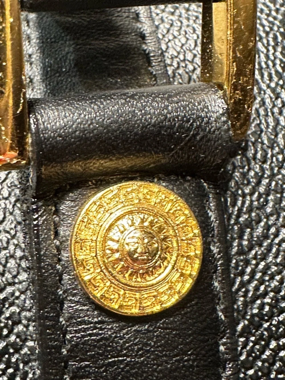 Versace Unisex Black Leather Duffel with Gold Medallion
